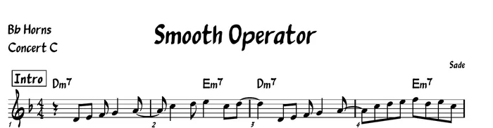 Excerpt from another horn part showing the same conventions: concert key, tempo, boxed section markers and chord symbols over the line